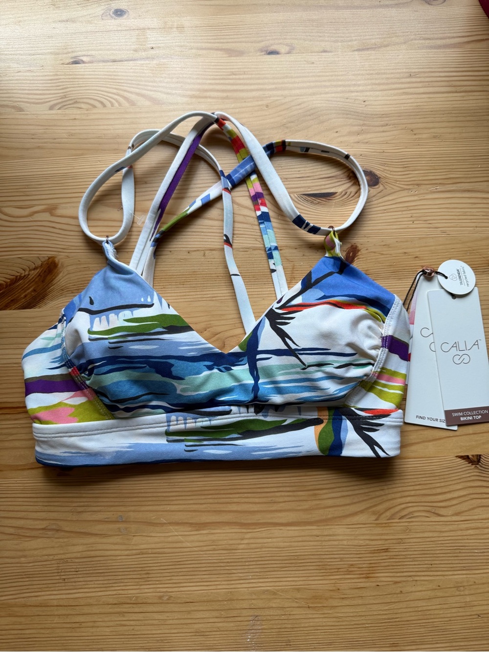 Calia Women's Multicolor Strappy Bikini Top - Blue & Green Print